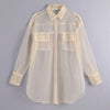 Image of new women sexy pocket decoration transparent mesh blouse long sleeve smock shirts leisure sunscreen chemise blusas tops LS3964