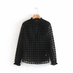 women sexy deep v neck houndstooth pattern casual mesh blouses shirts women long sleeve ruffles lace up smock blusas femininas transparent chemise tops LS4299