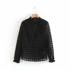 women sexy deep v neck houndstooth pattern casual mesh blouses shirts women long sleeve ruffles lace up smock blusas femininas transparent chemise tops LS4299