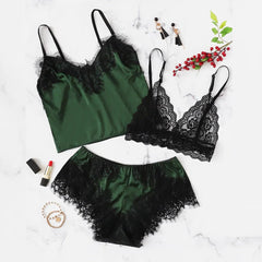 women summer 2019 Sexy Lace Lingerie Bra+Tops+Underwear Set Cut-Out Sleepwear female pajamas set mujer nightie home clothes
